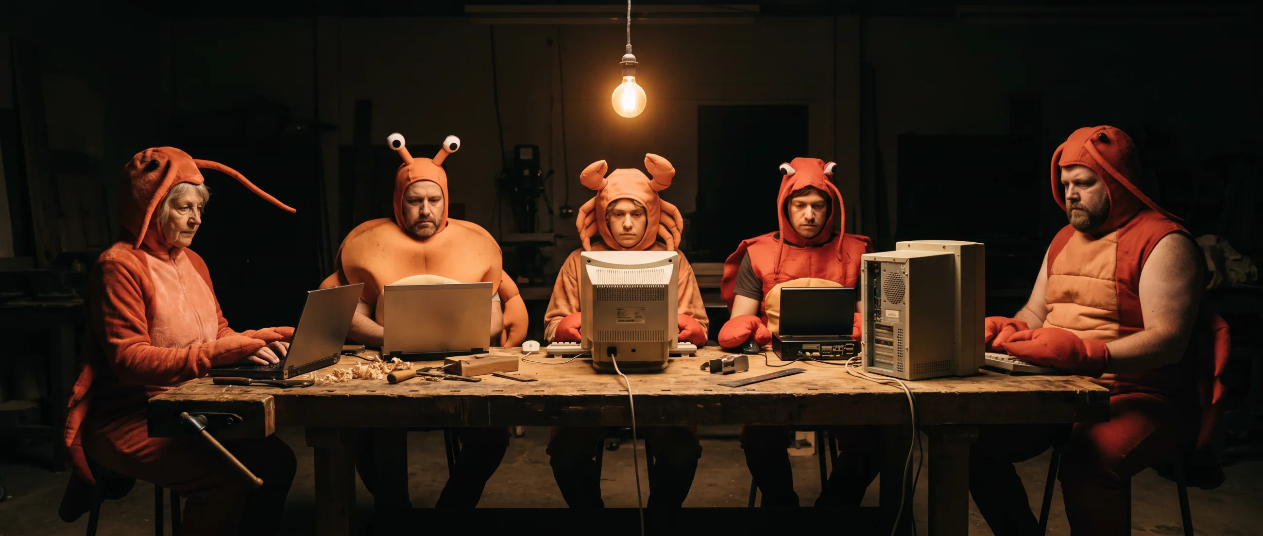 A long workbench with five different computers, someone in a crab or lobster costume at work on each