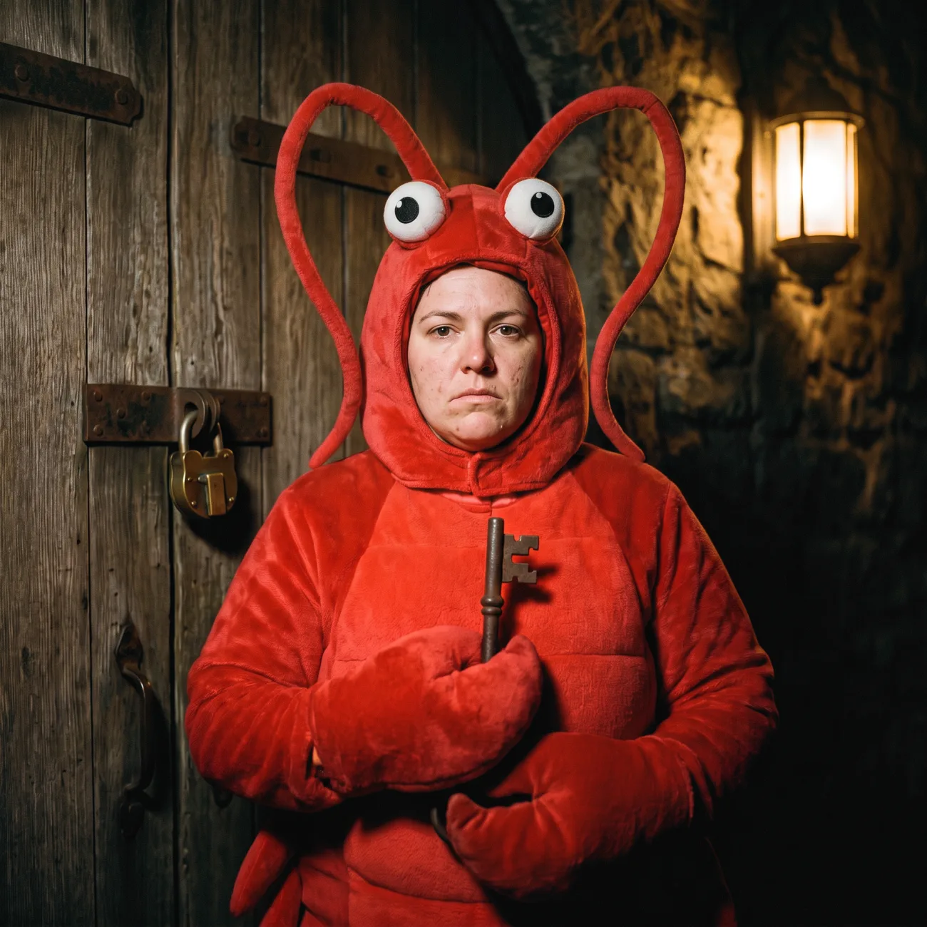 A woman in a lobster costume holding an old iron key, on guard at a door with a brass padlock