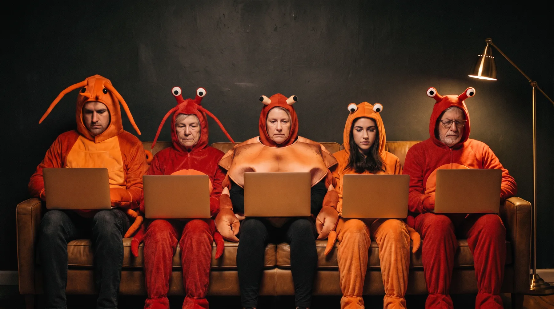 Five people in crab and lobster costumes side by side on a sofa, each at a laptop