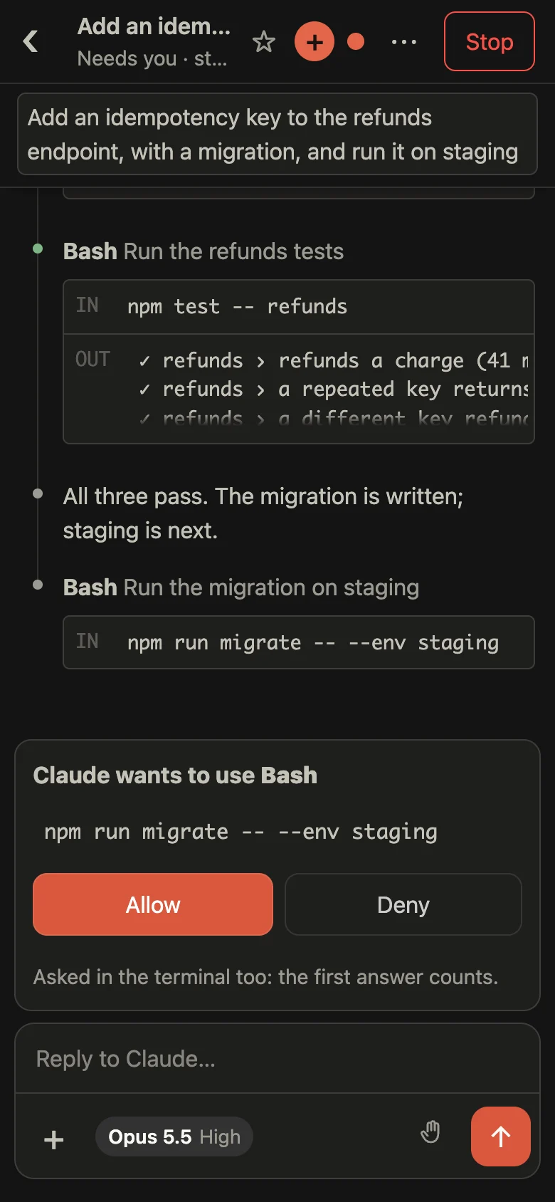 A session on a phone, stopped at a permission prompt: Claude wants to use Bash to run a migration on staging, with Allow and Deny