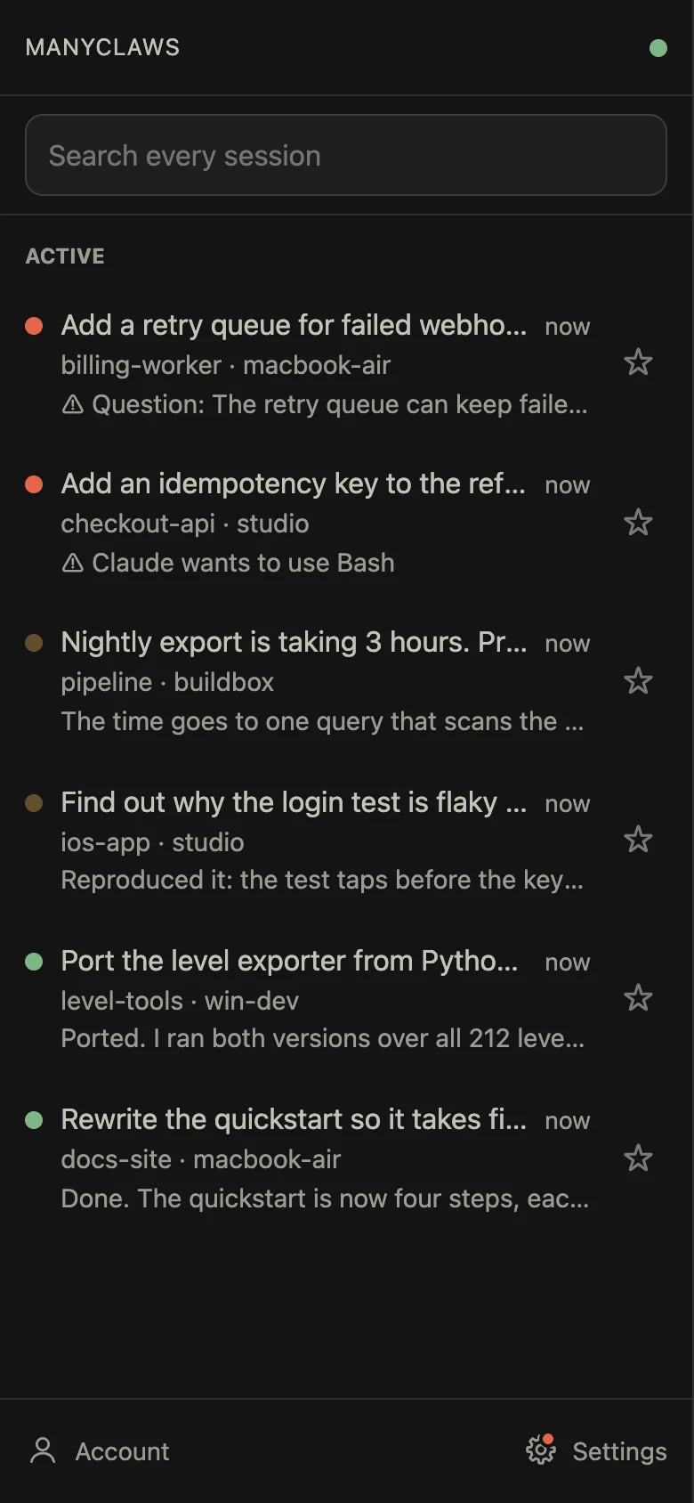The ManyClaws page on a phone: six Claude Code sessions on four computers, two of them marked as needing an answer