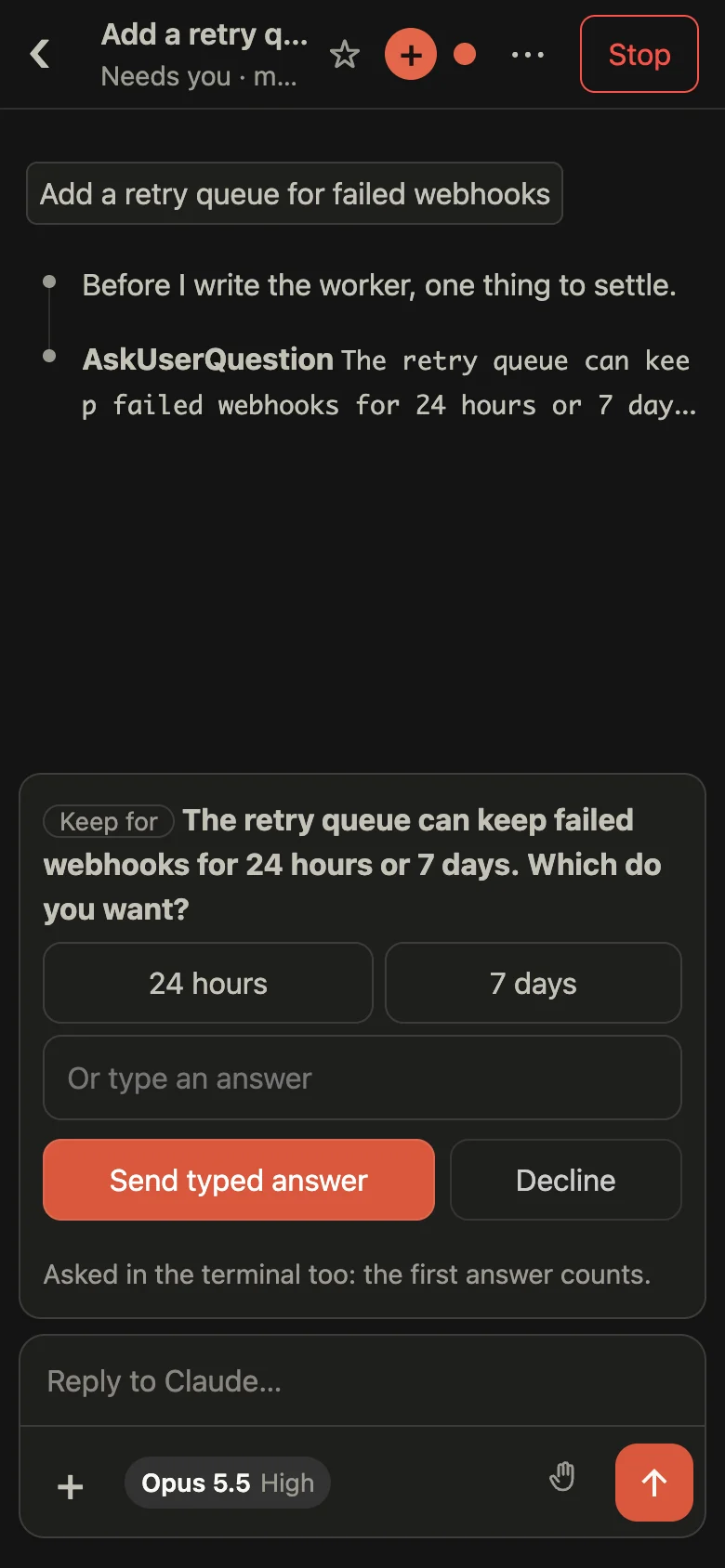 A session on a phone asking a question, with two answers to tap and a box to type another