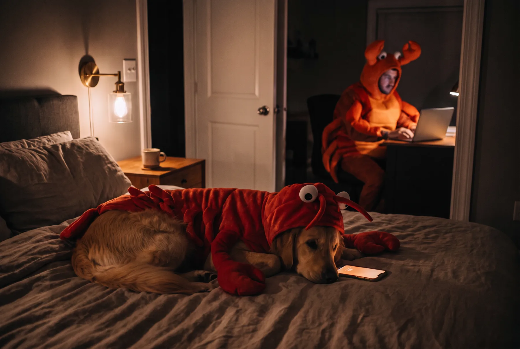 A dog in a lobster costume on the bed, its nose beside a glowing phone; through the door, someone in a crab costume still at work on a laptop