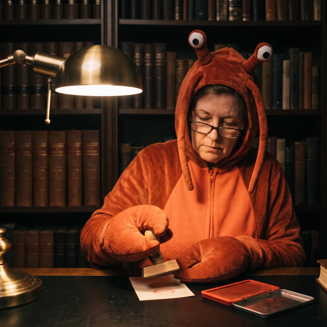 A woman in a lobster costume bringing a rubber stamp down on a slip of paper